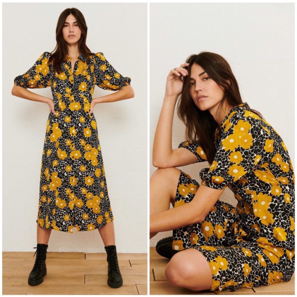 Ba&Sh Babeth Floral Print Shirt Midi Dress In Curry Size 0